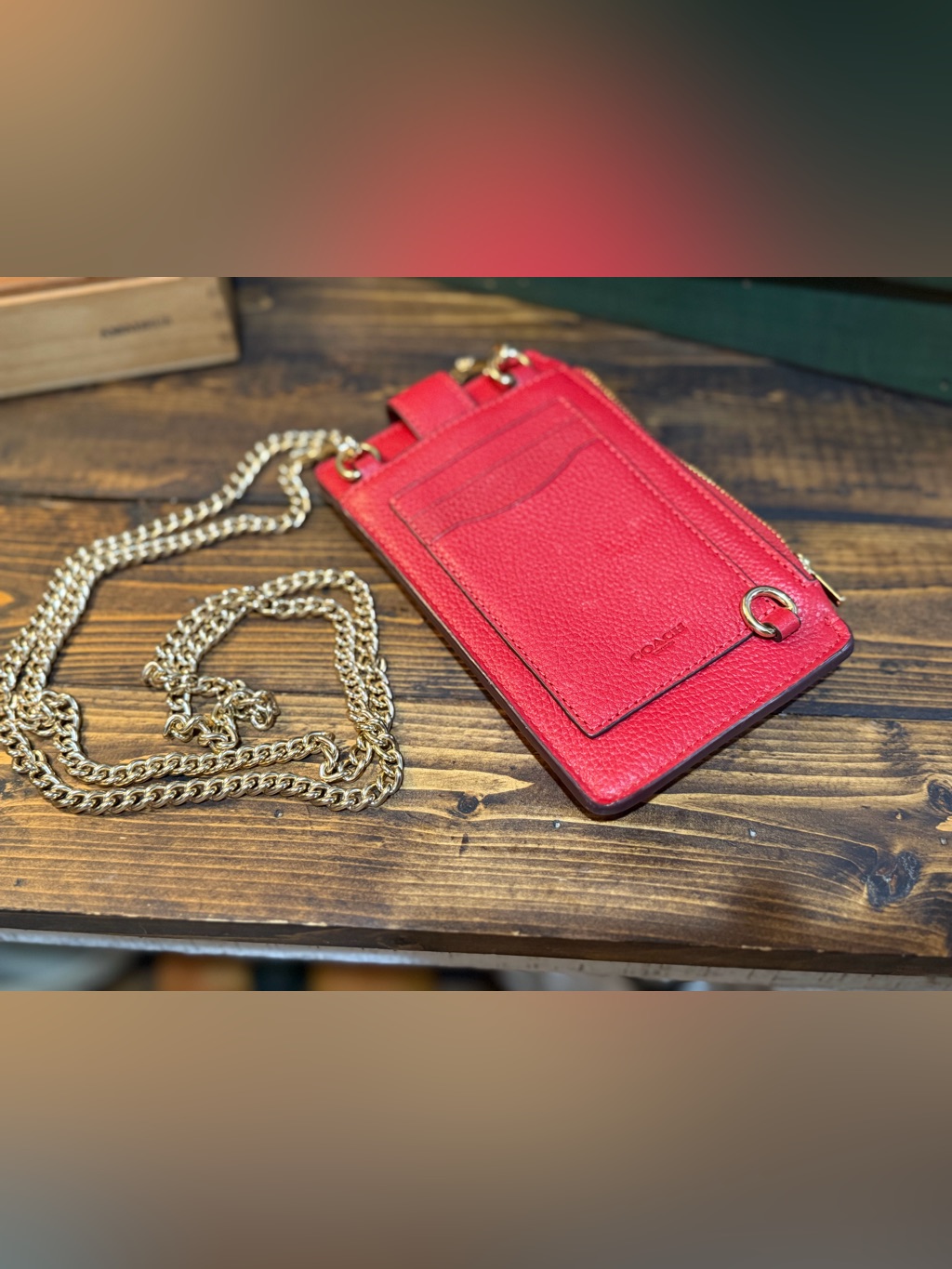 Coach Red Pebbled Leather Crossbody Card Holder Phone Holder With Gold Chain